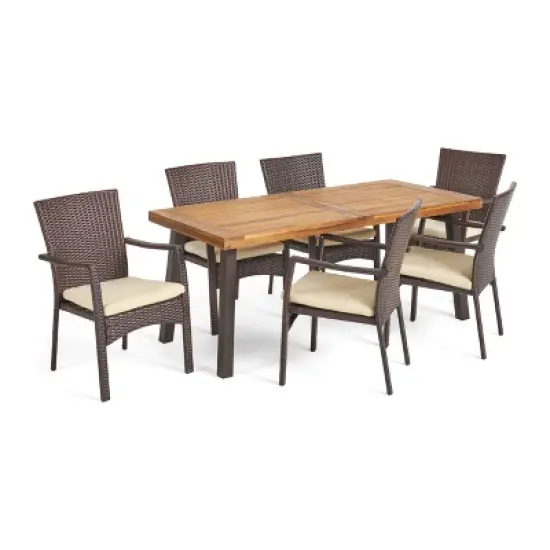 Christopher Knight Home Goleta Outdoor Acacia Wood and Wicker 7 Piece Dining Set with Cushion, Natural, Brown and Cream image {2}