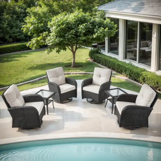 POCASSY Black Wicker Patio Furniture Set Outdoor Swivel Rocker Patio Glider Chairs Set of 2 with Side Table for Porch Balcony in Beige Cushion image {12}