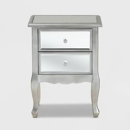 Leonie Wood and Mirrored Glass 2 Drawer Nightstand Silver - Baxton Studio image {2}