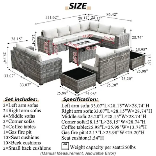 Marlton 13pc Wicker Outdoor Patio Furniture Set Conversation Sofa Set with a Rectangle Fire Pit and Cushions image {11}