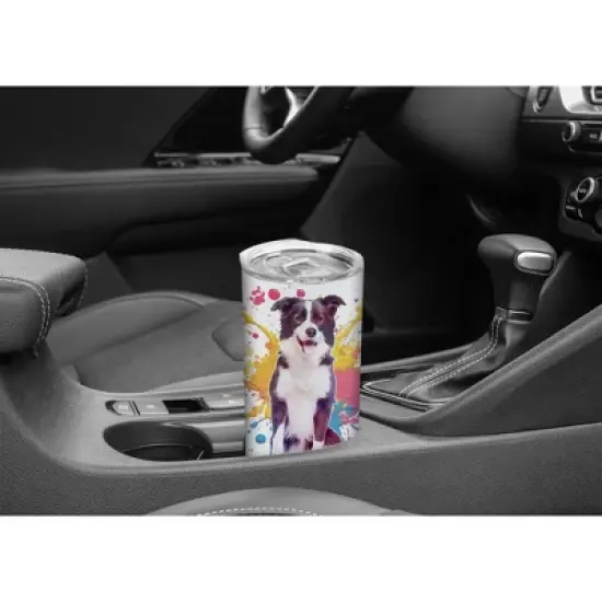 100 North 20 Ounce Stainless Steel On the Go Travel Tumbler With Push Top Lid, Border Collie Dog Paint Splatter image {4}