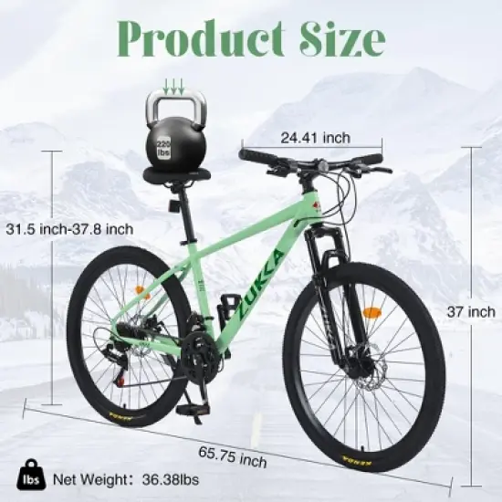 NAYSAYE 26 Inch Mountain Bike 24 Speed Steel Frame with Suspension Fork for Men and Women, Green, 65.75"*24.41"*37" image {3}
