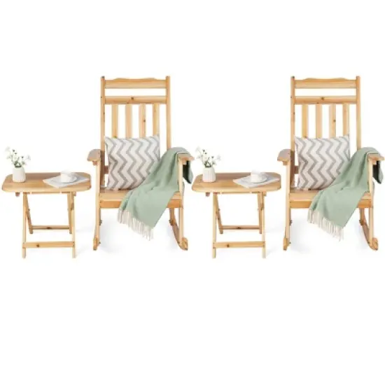 Costway 4PCS Patio Wooden Rocking Chair Bistro Set High Backrest with Folding Side Table image {8}