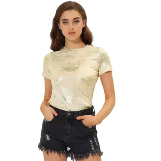 Allegra K Women's Party Metallic Textured Short Sleeve Shiny T-shirts image {17}