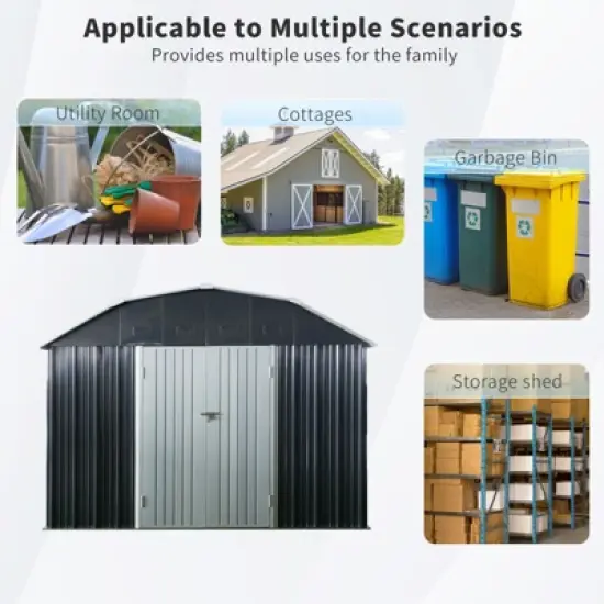 10 ft x 12 ft Outdoor Metal Storage Shed with Arch Roof with Lockable Doors for Backyard Garden Patio Lawn, Black image {6}