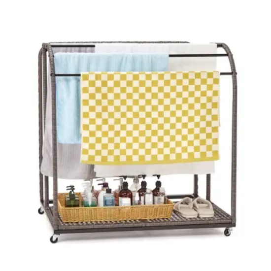 Outdoor Pool Towel Rack with Rattan Base, Freestanding Clothing Rack with Lockable Swivel Wheels, Storage Organizer for Floats, Pool, Swimming image {2}