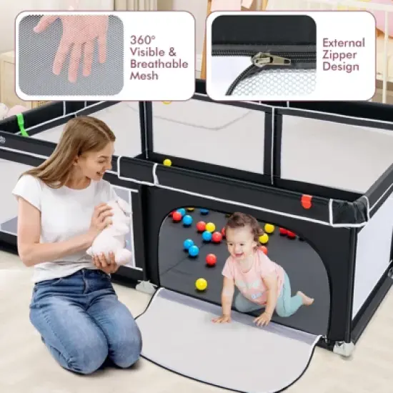 Infans Baby Playpen Extra-Large Safety Baby Fence w/ Ocean Balls & Rings Black image {5}