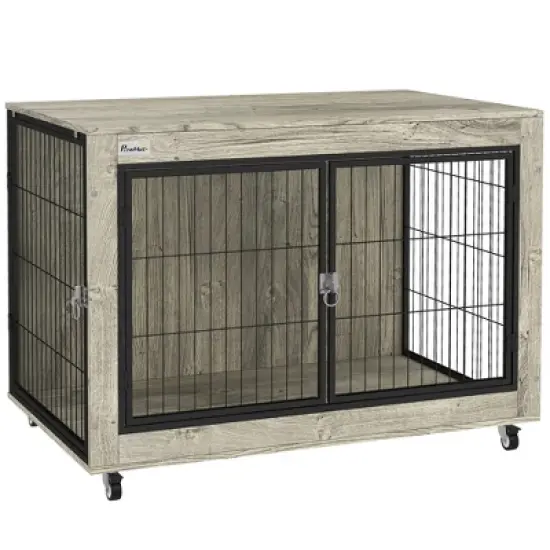PawHut 39" Dog Crate Furniture, Dog Kennel Furniture End Side Table with Wheels, Interchangeable Side Door, for Large Dogs, Gray image {6}