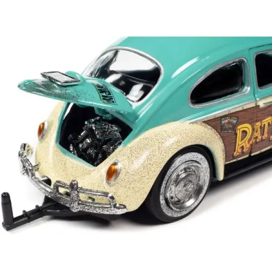 1966 Volkswagen Beetle "Happy Camper Rat Fink" w/Trailer Light Blue Dirty Version & Figure 1/24 Diecast Model Car by Auto World image {3}
