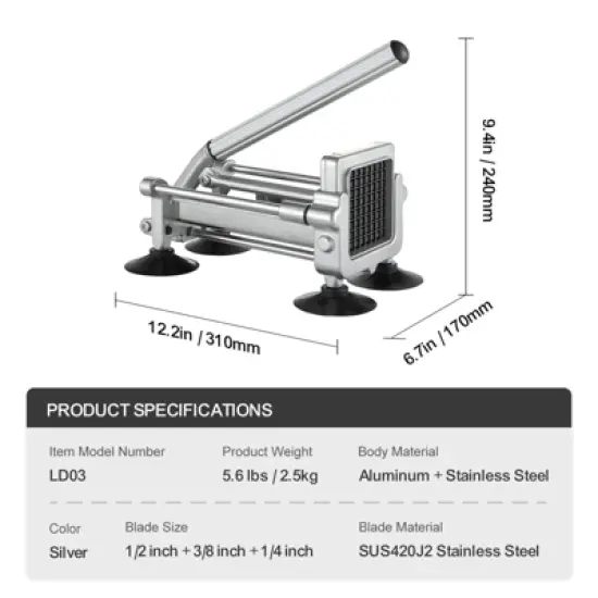 VEVOR French Fry Cutter, Potato Slicer with 1/2" 3/8" 1/4" Stainless Steel Blades, Manual Potato Cutter Chopper with Suction Cups image {7}
