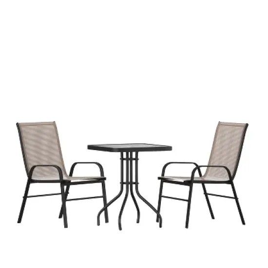 Emma and Oliver Three Piece Patio Table Set with Square Metal Frame Table with Tempered Glass Top and Two Flex Comfort Stacking Chairs image {11}