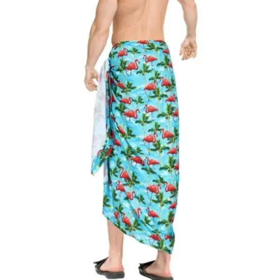 HAPPY BAY Men's Cover Up Hawaiian Summer Long Swim Trunk Swimwear For Men Vacation Beach Holidays Beachwear Pareo One Size Blue, flamingo image {2}