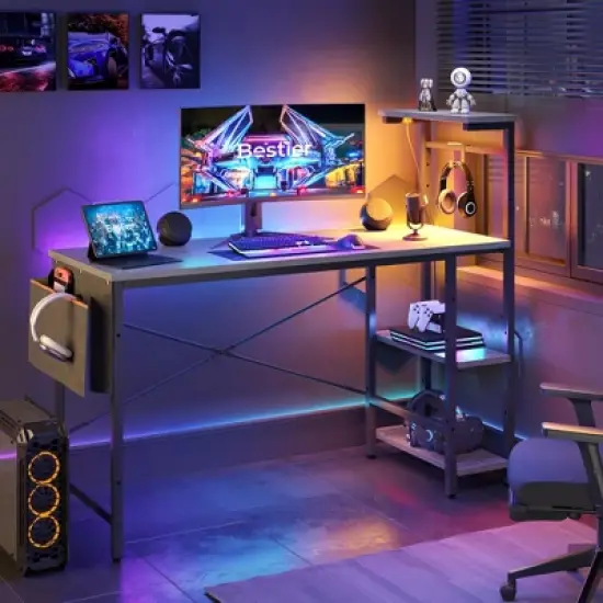 Bestier 52 Inch LED Gaming Desk with 4 Tiers Shelves & Storage Bag image {11}