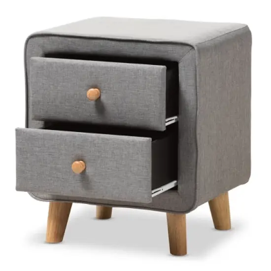 Jonesy Mid - Century Fabric Upholstered 2 - Drawer Nightstand - Gray - Baxton Studio image {3}
