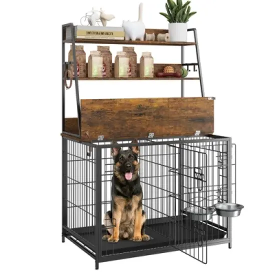Dog Crate Furniture with Storage Shelves, Removable Tray, Double Doors Modern Dog Crate with Two Adjustable Stainless Steel Bowls image {8}