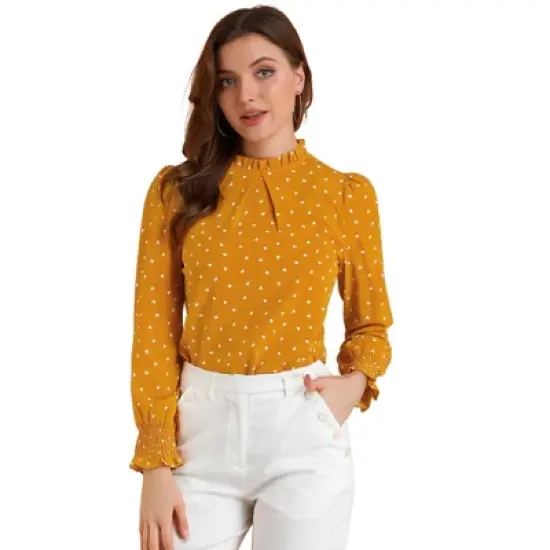 Allegra K Women's Smocked Cuffs Top Puff Sleeve Ruffled Neck Vintage Printed Blouses image {11}