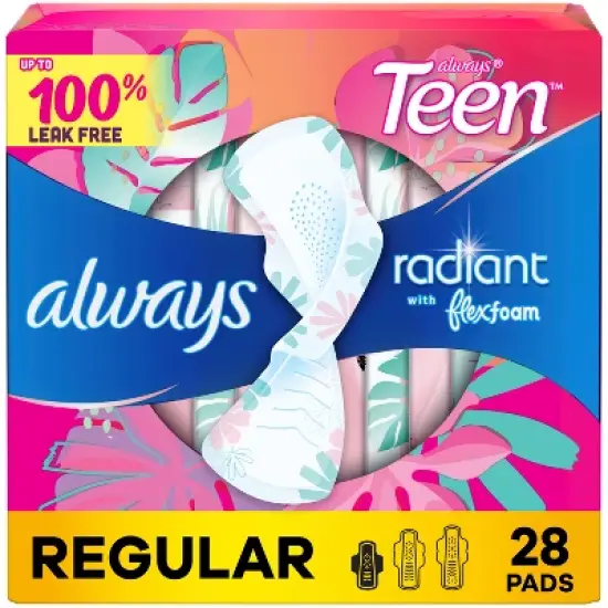 Always Radiant FlexFoam Teen Pads Regular Absorbency with Wings - Unscented - 28ct image {10}