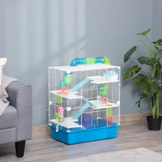 PawHut Extra Large 23" Hamster Cage with Tubes Tunnels Portable Carry Handles, Rat House and Habitats 5-Tier with Wheel Water Bottle Food Dish image {1}