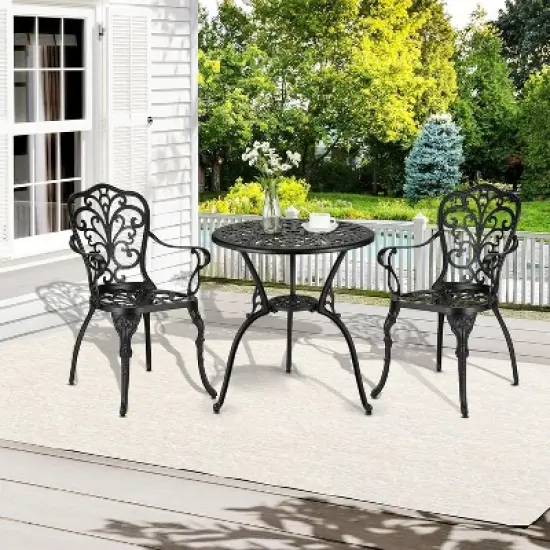 3-Piece Outdoor Bistro Set, Rust-Resistant Cast Aluminum Table and Chairs with Umbrella Hole image {6}
