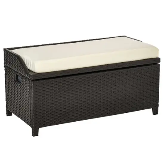 Outsunny Storage Bench Rattan Wicker Garden Deck Box Bin with Interior Waterproof Cloth Bag and Comfortable Cushion image {9}