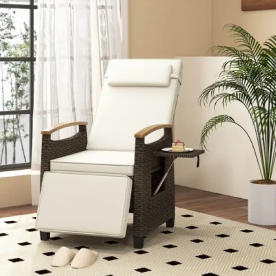 Costway 1/2 PCS Patio Wicker Recliner Chair with Adjustable Backrest Footrest Flip Side Table White/Black image {2}