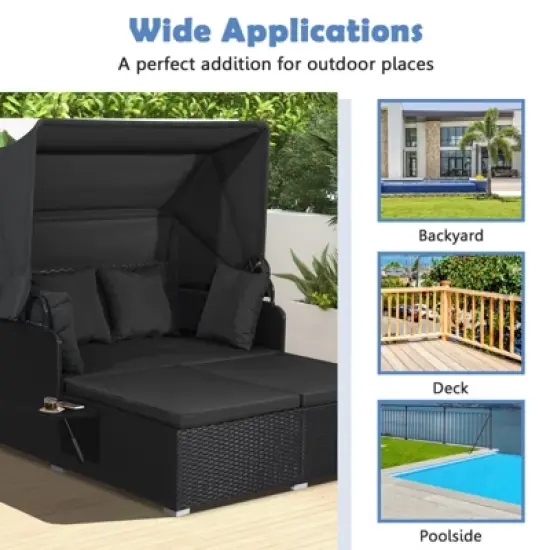 Tangkula Patio Rattan Daybed with Retractable Canopy Wicker Sun Lounger with 2 Foldable Side Panels Thick Seat & Back Cushions image {9}