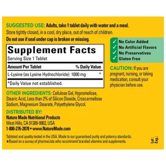Nature Made Extra Strength L - Lysine 1000 mg Tablets - 60ct image {2}