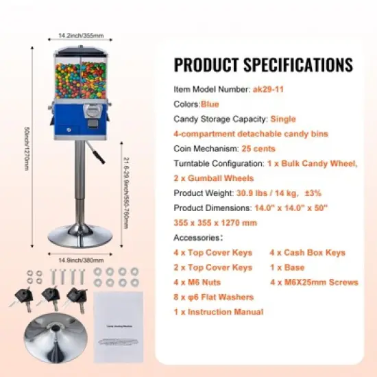 VEVOR Commercial Vending Machine, Four Compartment Rotatable Gumball and Candy Dispenser, Adjustable Height Coin Operated Candy Bank, Blue image {7}