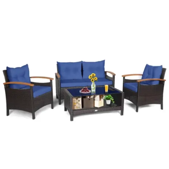 Tangkula Patio Rattan 4PCS Cushioned Chair Side Table Set Bistro Set Classic Furniture Single Sofa Thick Cushion Loveseat for Garden Off White/Navy image {8}