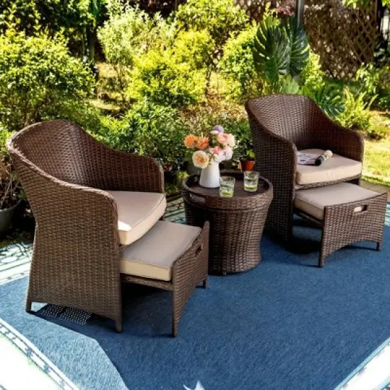 5pc Rattan Conversation Set with Chairs, Ottomans & Storage Side Table - Captiva Designs image {2}