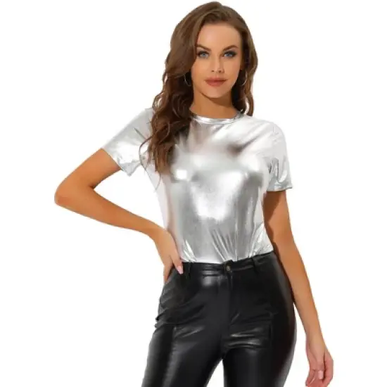 Allegra K Women's Party Metallic Textured Short Sleeve Shiny T-shirts image {24}