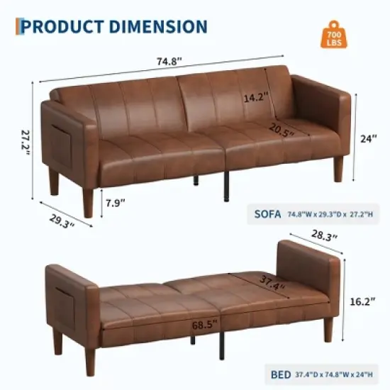 Coucheta 75" PU Leather Futon Sofa Bed, Convertible Loveseat, Adjustable Backrest, Side Pockets, Space-Saving Sleeper Sofa for Small Spaces, Brown image {1}