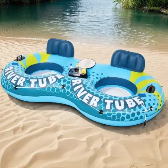 Joyfy 2-Person Sturdy River Pool Tubes with 2 Cup Holders & Removable Cooler, Inflatable Pool Float Rafts for Adults, Heavy Duty Swimming Rings image {7}