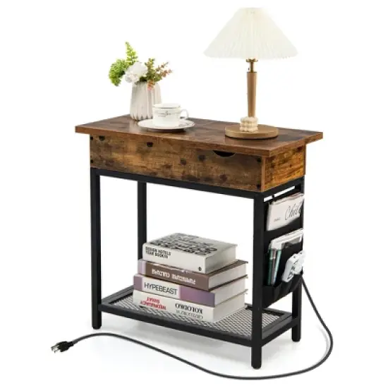 Tangkula End Table with Charging Station Industrial Nightstand Flip Top Side Pocket USB image {8}