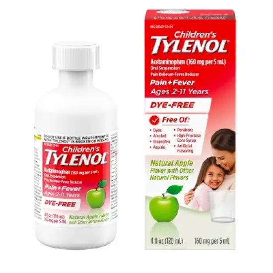 Tylenol Children's Pain + Fever Ages 2 - 11 Years - Apple Flavor Dye-Free Acetaminophen Liquid Suspension- 4 fl oz image {1}