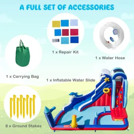 Tangkula Inflatable Water Slide Park Dolphin Theme Kids Bounce House w/ Long Slide 2 Splash Pools Climbing Wall (Without Blower) image {7}