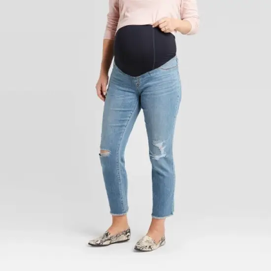 Over Belly Distressed Straight Maternity Jeans - Isabel Maternity by Ingrid & Isabel&trade; Blue image {5}