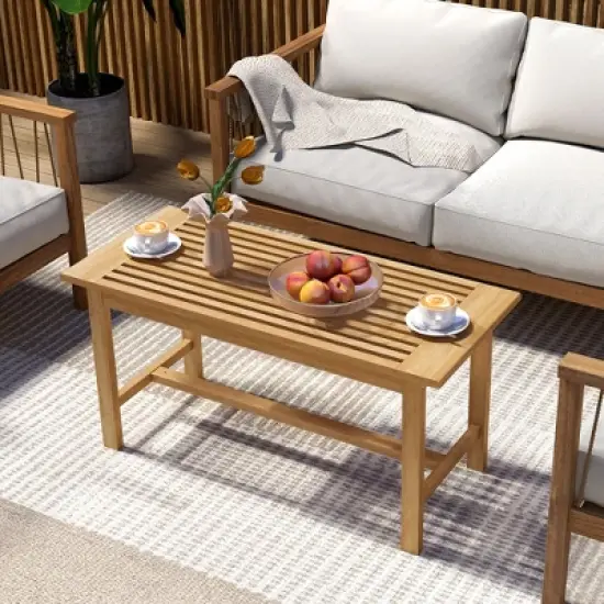 Tangkula 36"Patio Coffee Table Solid Wood Coffee Table w/ Slatted Tabletop Natural image {2}
