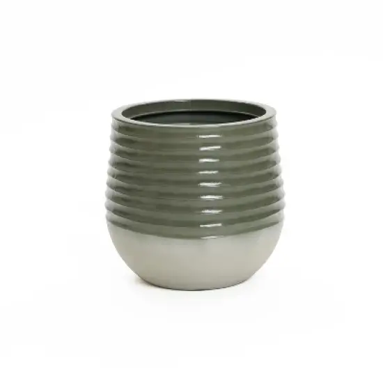 LuxenHome Decorative Resin Planter &ndash; Emerald Ribbed Top and Ivory Base with Drainage Hole image {9}