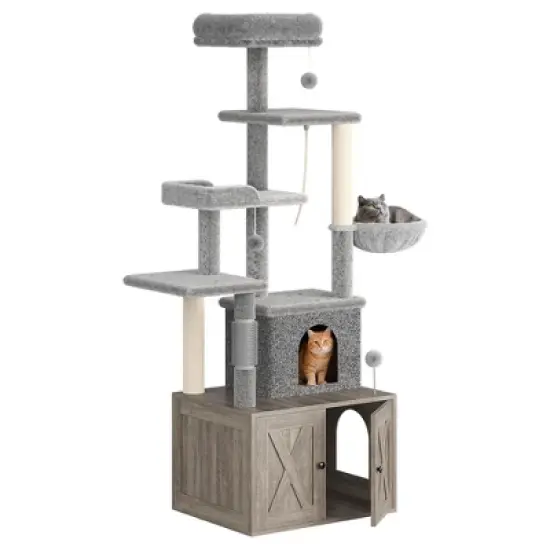 Cat Tree with Litter Box Enclosure Large, Multilevel Cat Play House with Large Condo, Cozy Top Perch,Wooden Cat Furniture for Indoor Cats image {6}