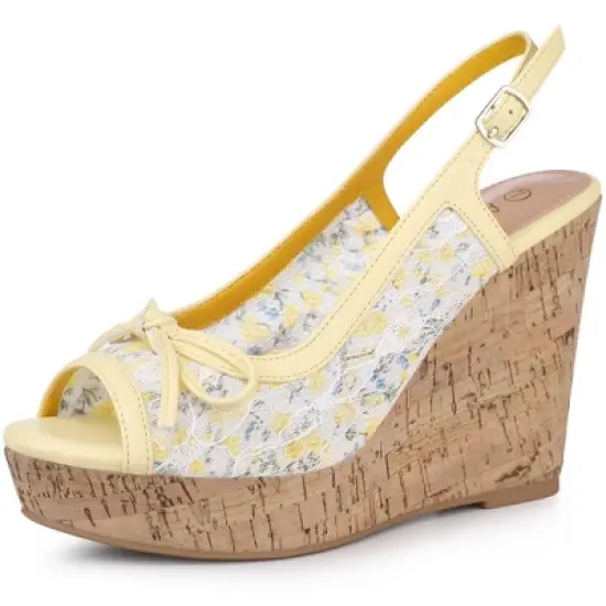 Allegra K Women's Wood Platform Heels Bow Lace Wedge Sandals image {15}