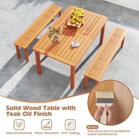 Tangkula Set of 3 Patio Dining Set Solid Wood Dining Table w/2 Benches 2" Umbrella Hole image {4}
