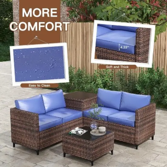 Jojoka 4-Piece All-Weather PE Rattan Patio Sofa Set, Sectional with Loveseat, Coffee Table with Storage, Ideal for Backyard image {4}