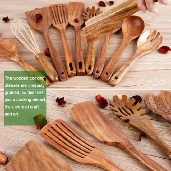 Itopfox Kitchen Utensil Set with Holder, Natural Teak Wood Spoons for Cooking, Includes Spatula, Ladle & More, Non-Scratch Wooden Tools for Cookware image {3}