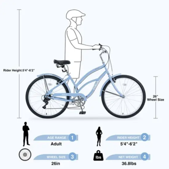 INFURNIC Bicycles 7 Speed Beach Cruiser Bike with Steel Frame and V Brakes for Women Commuter and Leisure Riding, Light Blue, 69.96"*28.32"*43.2" image {4}