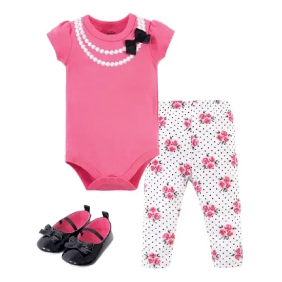 Little Treasure Baby Girl Cotton Bodysuit, Pant and Shoe 3pc Set, Pink Pearls image {4}