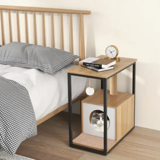 Costway Cat Furniture End Table w/ Scratching Post Removable Scratching Mat Living Room image {1}