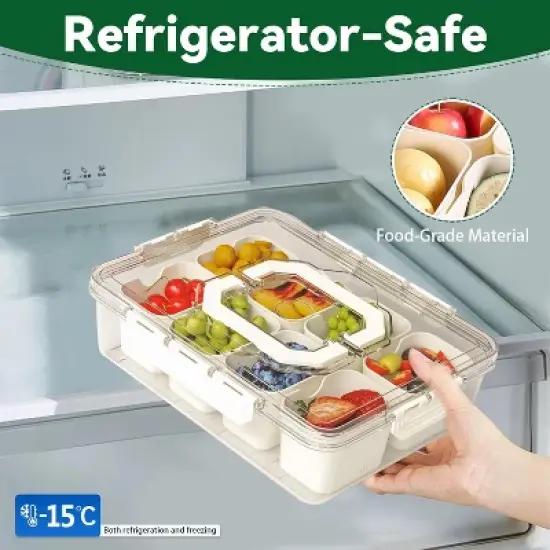 Snackle Box Container, Portable 8-Compartment Snack Box with Lid & Handle, Clear Serving Tray Organizer for Fruit, Candy, Nuts, Veggies, Travel, Party image {6}