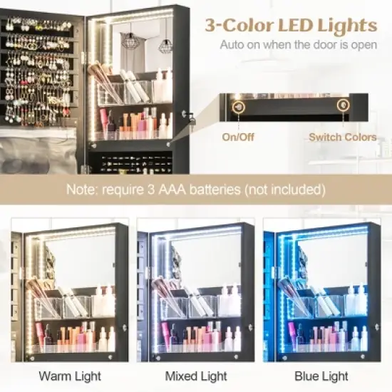 Tangkula Wall Mounted Jewelry Cabinet Full-Length Mirror Lockable w/ 3-Color Lights image {6}