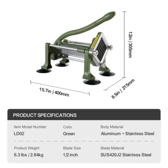 VEVOR French Fry Cutter, Potato Slicer with 1/2-Inch Stainless Steel Blade, Manual Potato Cutter Chopper with Suction Cups, Great for Potato image {7}